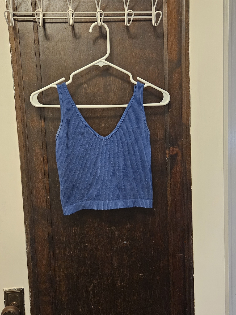 Blue V-Neck Ribbed Crop Tank Top - Women